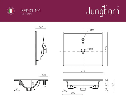 Technický nákres umyvadla Jungborn Sedici 101 s rozměry