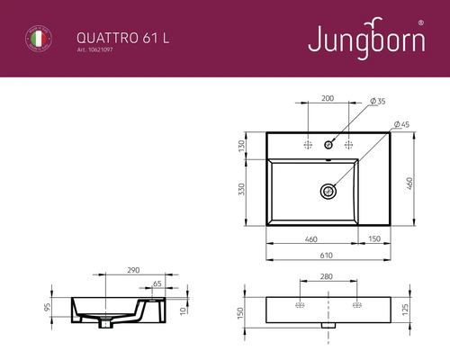 Technický nákres umyvadla Jungborn Quattro 61 L s rozměry