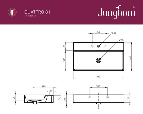 Technický výkres umyvadla s rozměry