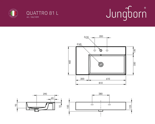 Technický nákres umyvadla s rozměry