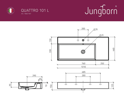 Technický výkres umyvadla Jungborn Quattro 101 L