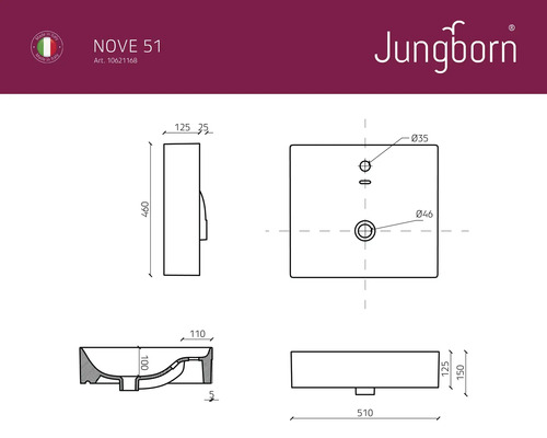 Technický nákres umyvadla s rozměry