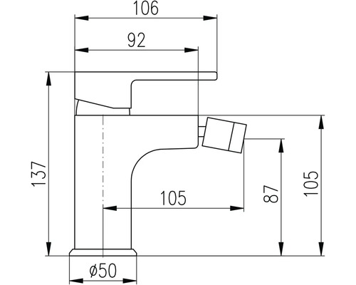 Technický výkres vodovodní baterie s bidetovou funkcí a rozměry