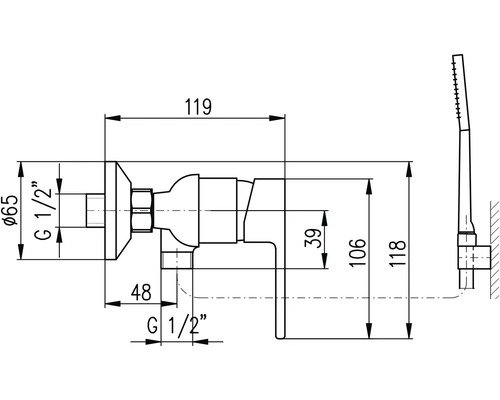 Technický výkres sprchové baterie s rozměry