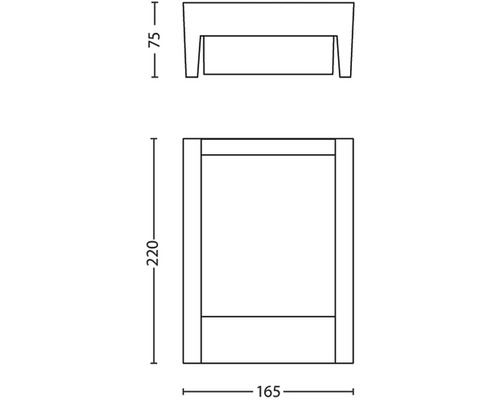 Technický výkres truhlíku s uvedením výšky, šířky a hloubky v milimetrech.