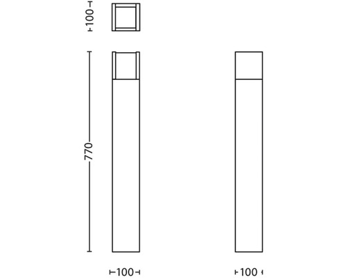 Technický nákres obdélníkového sloupkového svítidla o rozměrech 100 krát 100 krát 770 milimetrů.