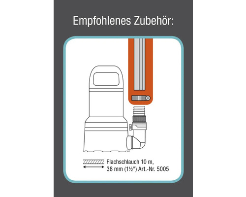 Doporučené příslušenství: ponorné čerpadlo, plovákový spínač a plochá hadice o délce 10 metrů, průměru 38 milimetrů a čísle výrobku 5005.