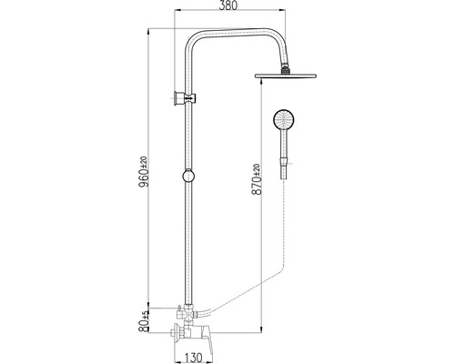 Technický výkres sprchového sloupu s horní a ruční sprchou, včetně rozměrů
