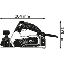 Technický nákres hoblíku Bosch GHO 16-82 s rozměry: délka 284 mm a výška 179 mm.