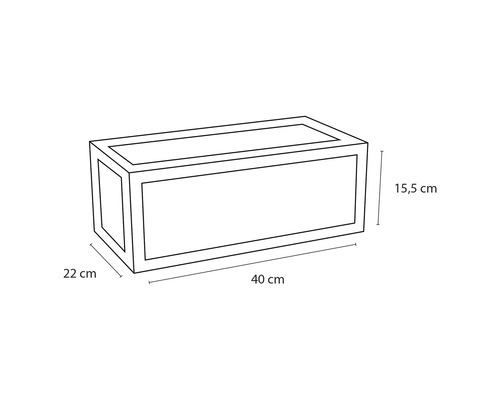 Technický výkres truhlíku s rozměry 40 cm délka, 22 cm šířka a 15,5 cm výška