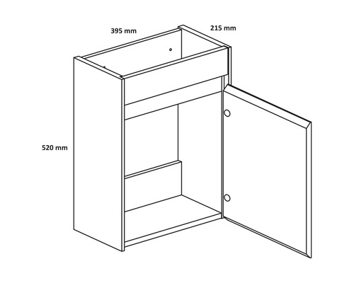 Nákres koupelnové skříňky s dvířky a policemi s uvedením rozměrů