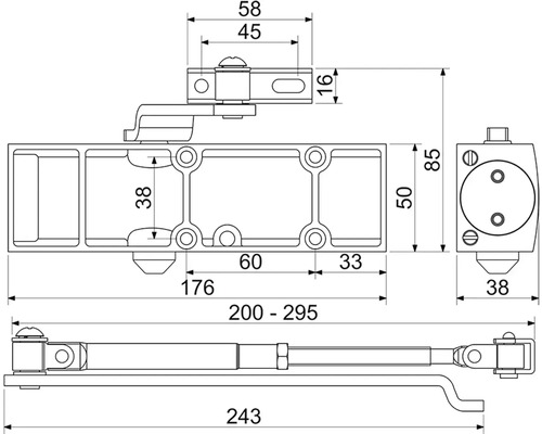 Technický výkres dveřního zavírače s rozměry