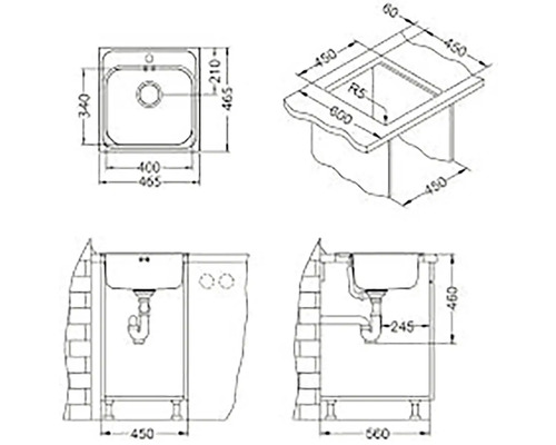 Technický výkres dřezu s rozměry.