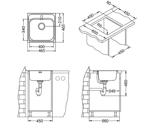 Nákres dřezu s rozměry.