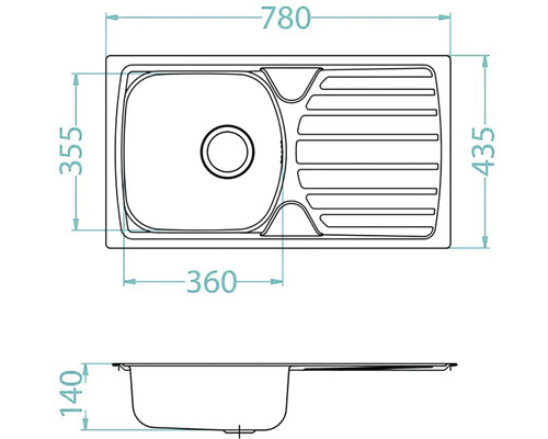 Technický nákres kuchyňského dřezu s rozměry.