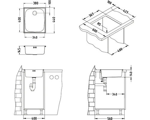Technický nákres umyvadla s rozměry