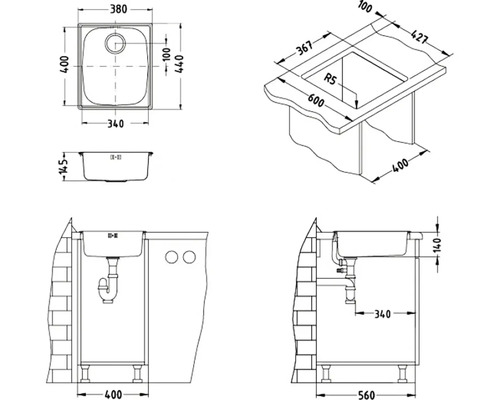 Technický výkres dřezu s různými rozměry
