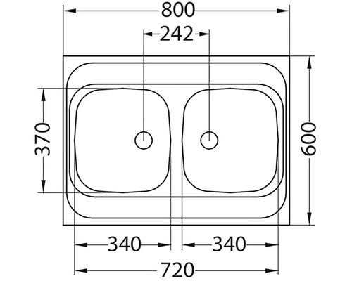 Technický nákres dřezu s dvojitou mísou a rozměry.