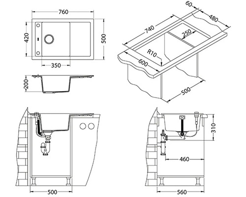Technický výkres dřezu s rozměry