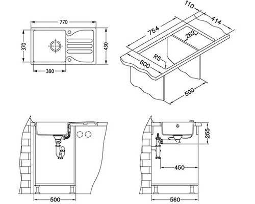 Technický výkres kuchyňského dřezu s rozměry