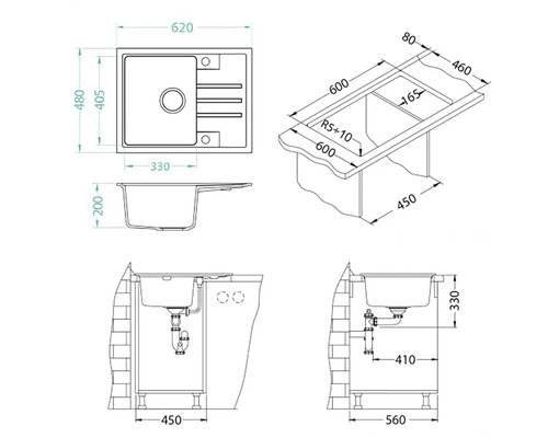 Technický nákres dřezu s rozměry