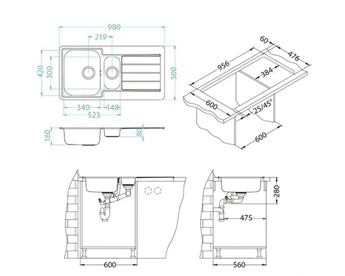 Technický výkres dřezu s rozměry