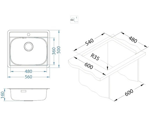 Nákres dřezu s rozměry