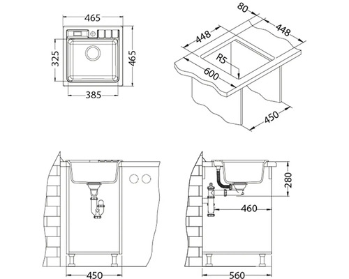 Technický nákres dřezu s rozměry