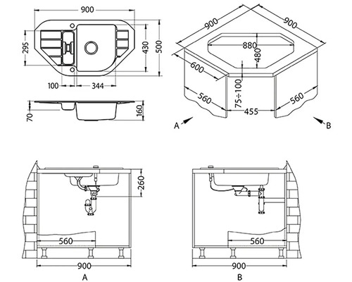 Technický výkres rohového umyvadla s rozměry