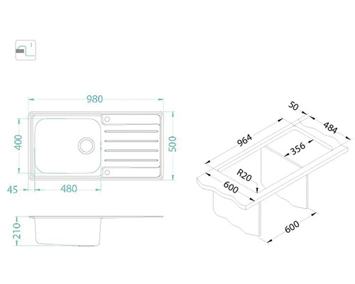 Nákres kuchyňského dřezu s rozměry