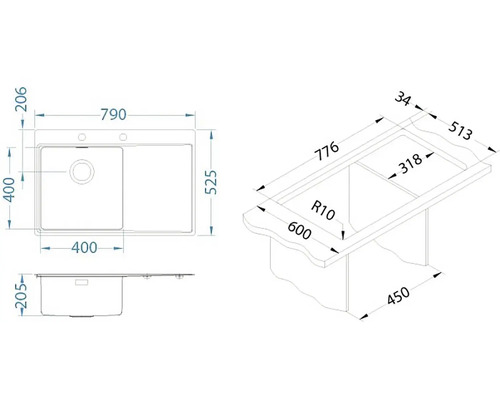 Technický nákres kuchyňského dřezu s rozměry