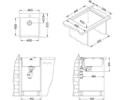 Technický nákres dřezu s rozměry.