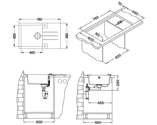 Technický výkres umyvadla s rozměry