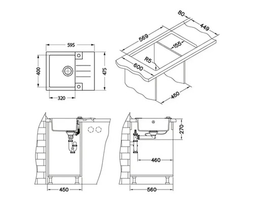 Technický výkres dřezu s rozměry