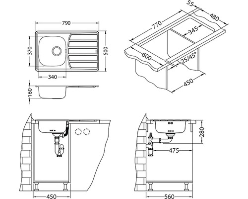 Technický výkres kuchyňského dřezu s rozměry.