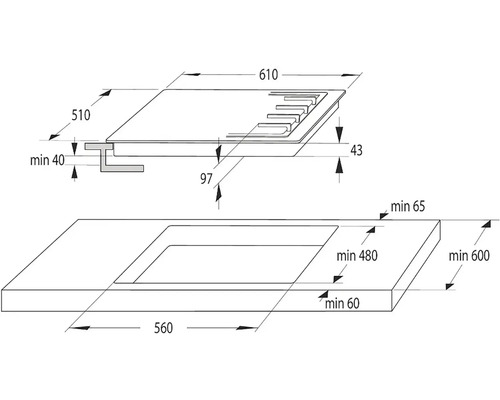 Technický výkres varné desky s rozměry pro instalaci