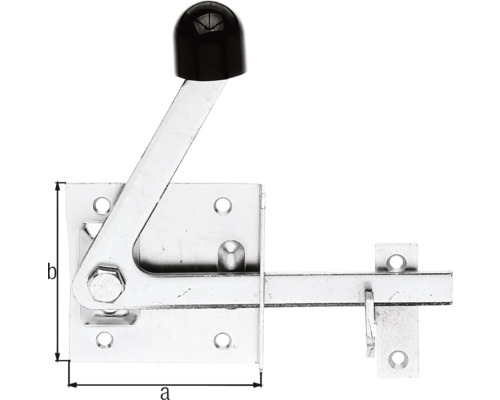 Kovová západka brány s černou rukojetí a rozměry
