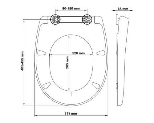 Technický nákres záchodového prkénka s rozměry.