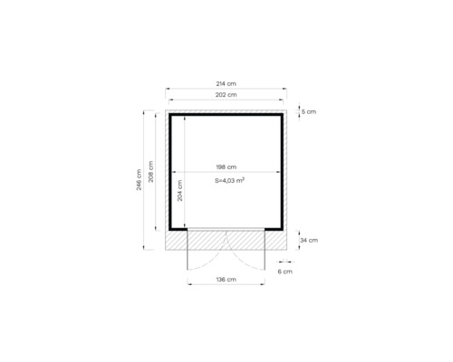 Technický nákres zahradního domku s rozměry