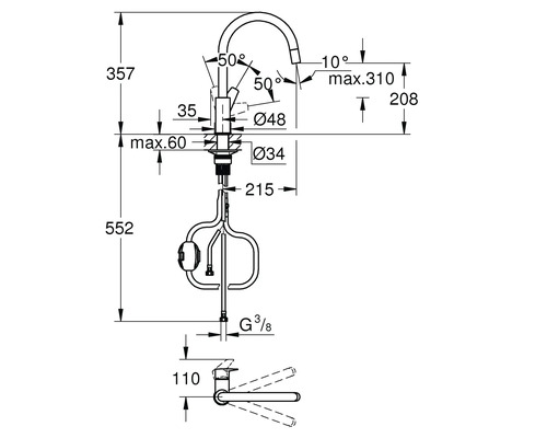 Technický nákres kuchyňské baterie s rozměry