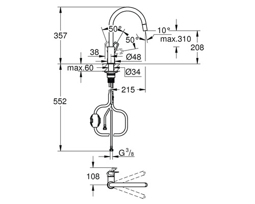 Technický výkres kuchyňské baterie s rozměry