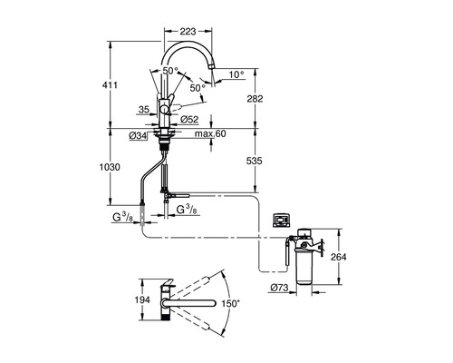 Technický výkres kuchyňské baterie s rozměry