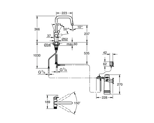 Technický nákres kuchyňské baterie s rozměry