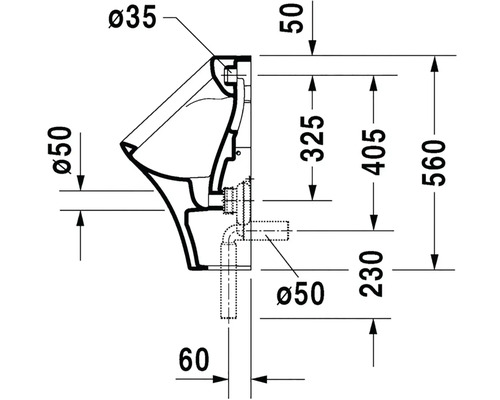 Technický nákres pisoáru s rozměry