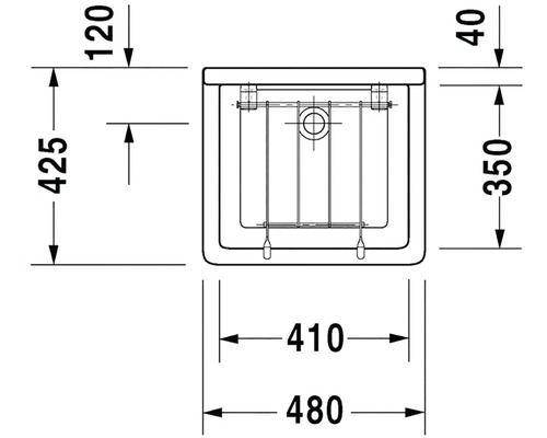 Technický nákres umyvadla s rozměry.
