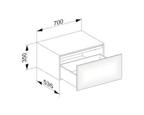 Nákres spodní skříňky se zásuvkou a rozměry