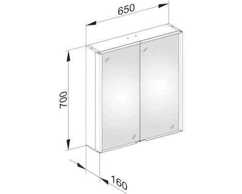 Technický nákres zrcadlové skříňky s šířkou 650 mm, výškou 700 mm a hloubkou 160 mm.