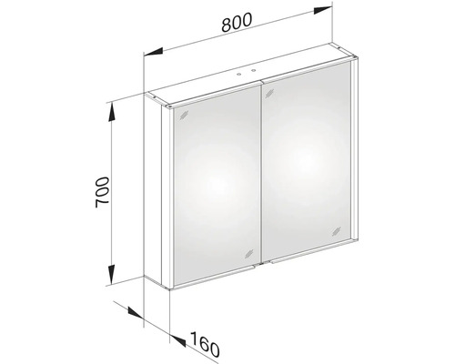 Technický nákres zrcadlové skříňky s rozměry: šířka 800 mm, výška 700 mm, hloubka 160 mm.