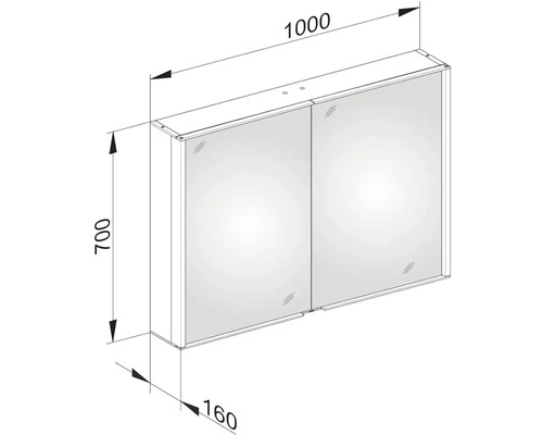 Technický nákres zrcadlové skříňky s rozměry 1000 x 700 x 160 milimetrů