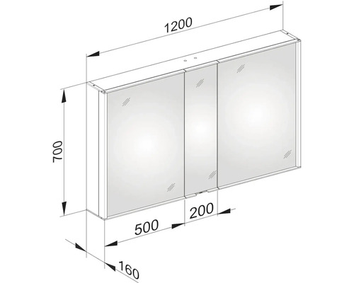 Technický výkres zrcadlové skříňky s rozměry